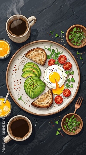 Gourmet Avocado Toast Breakfast Illustration (Modern Food Design Flat-Lay)