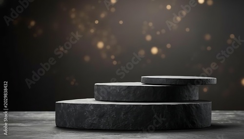 Minimalist black circular podiums on wooden surface with soft bokeh light background