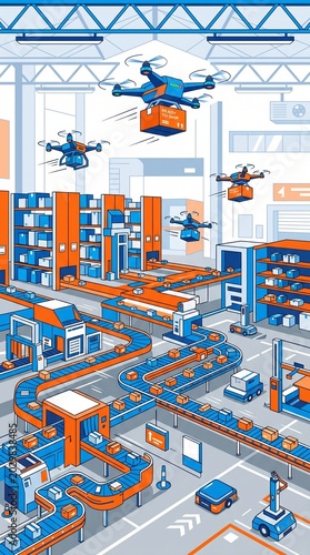Automated E-commerce Fulfillment Center Illustration with Drones and Packages
