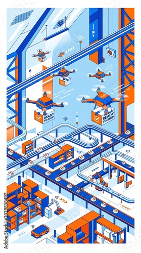 Automated E-commerce Fulfillment Center Illustration with Drones and Packages