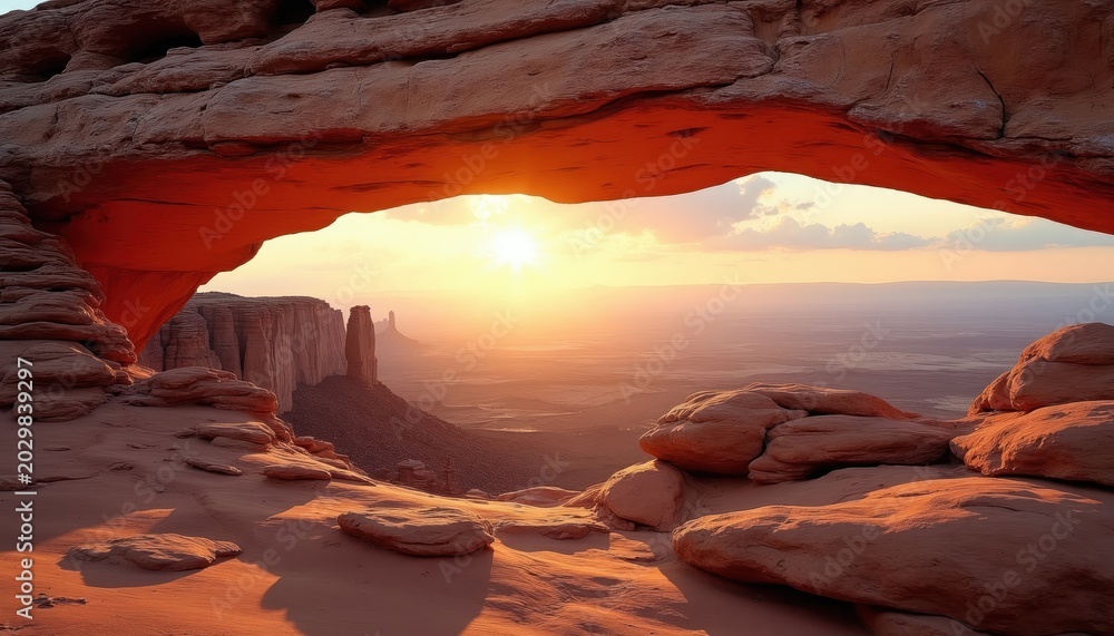 Obraz premium Sun sets through natural sandstone arch rock formation casting warm orange light over vast desert landscape. Red rock formations, mesas visible in distance during golden hour, signifying wilderness,