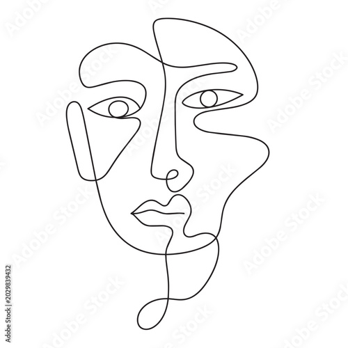 One line drawing of abstract human face with expressive emotion white background one line drawing