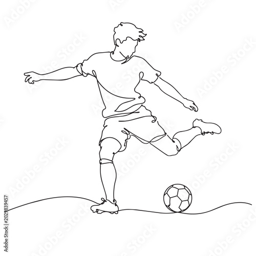 One line drawing of young man kicking soccer ball in dynamic motion one line drawing
