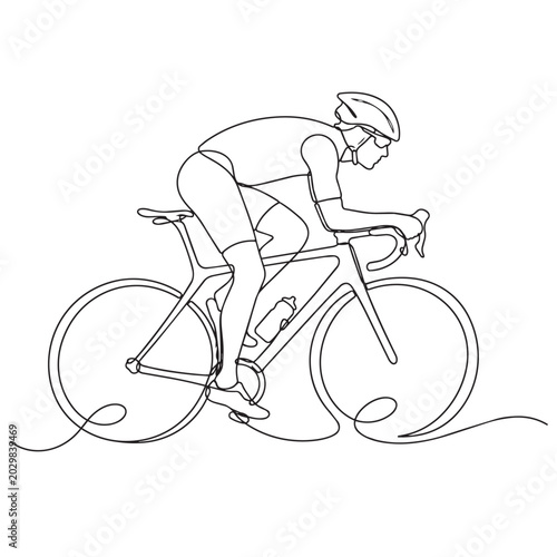 One line drawing of cyclist riding bicycle wearing helmet and glasses one line drawing