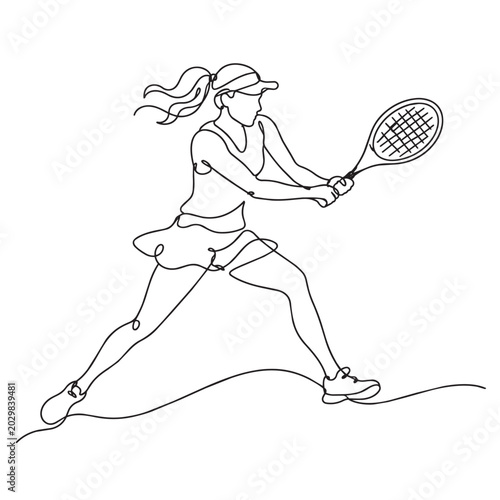 One line drawing of female tennis player in action with dynamic movement one line drawing