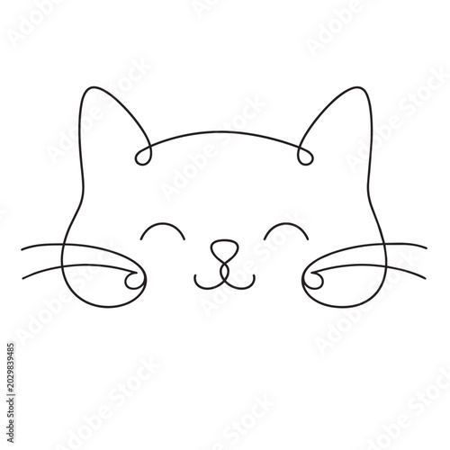 One line drawing of happy cat face with simple whiskers and curved lines one line drawing