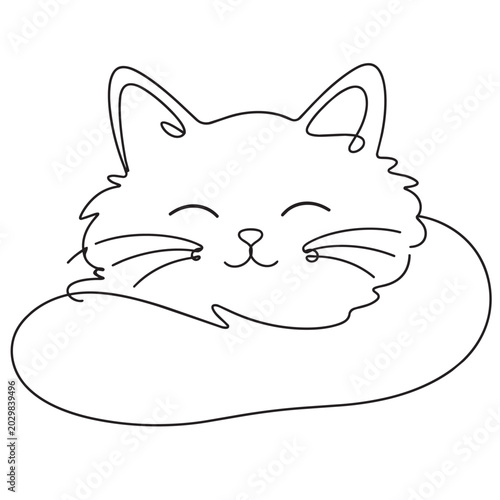 One line drawing of happy cat face with fluffy fur and closed eyes one line drawing