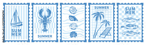 Summer mediterranean postage stamps about travel and vacation. Hand drawn design elements with palm trees, yacht, seashells, sardines. Vector illustration