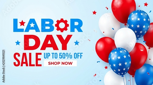 Labor day sale banner with red white and blue balloons and festive confetti decoration