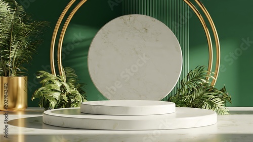 Double gold arch with marble podium and plants on green wall