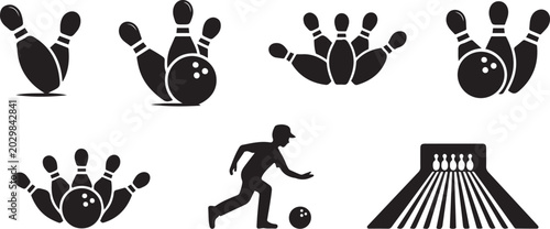 Schilderij op canvas Bowling icons set on white background sport game