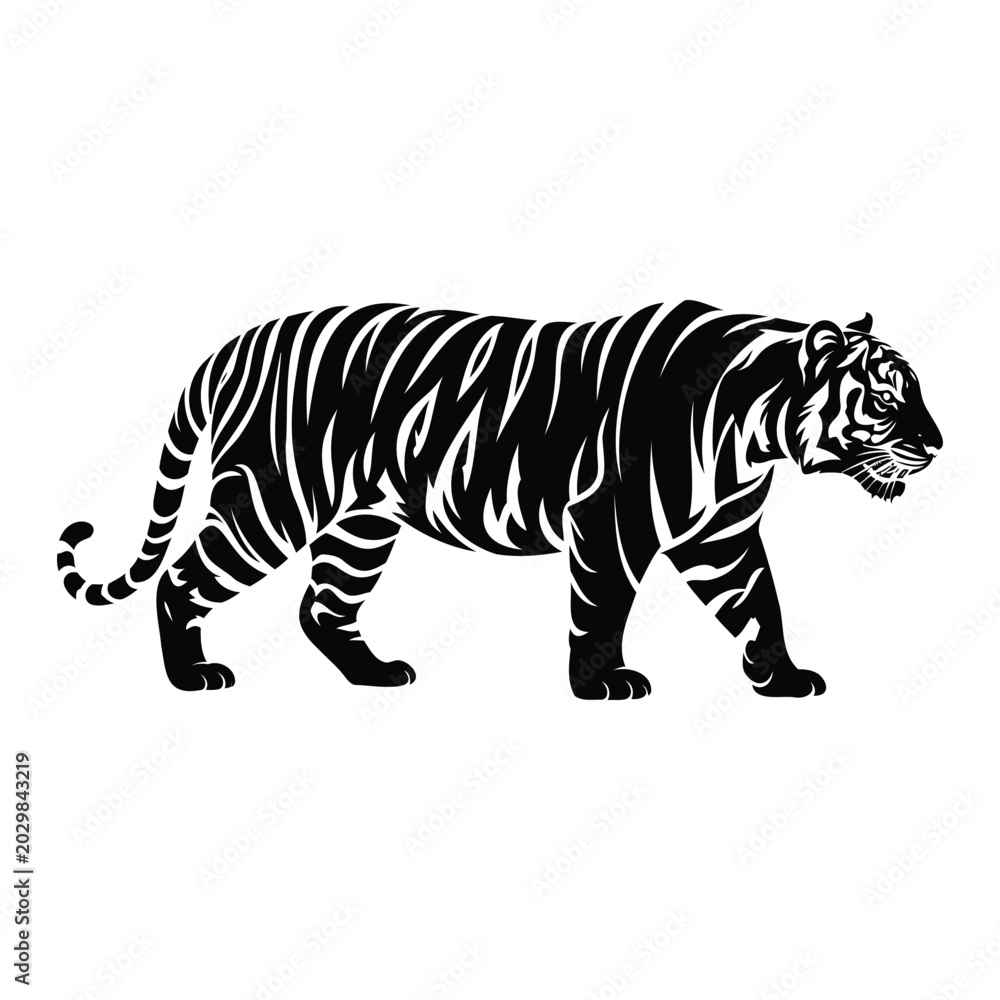 Obraz premium Stylized black tiger standing and looking back vector graphic