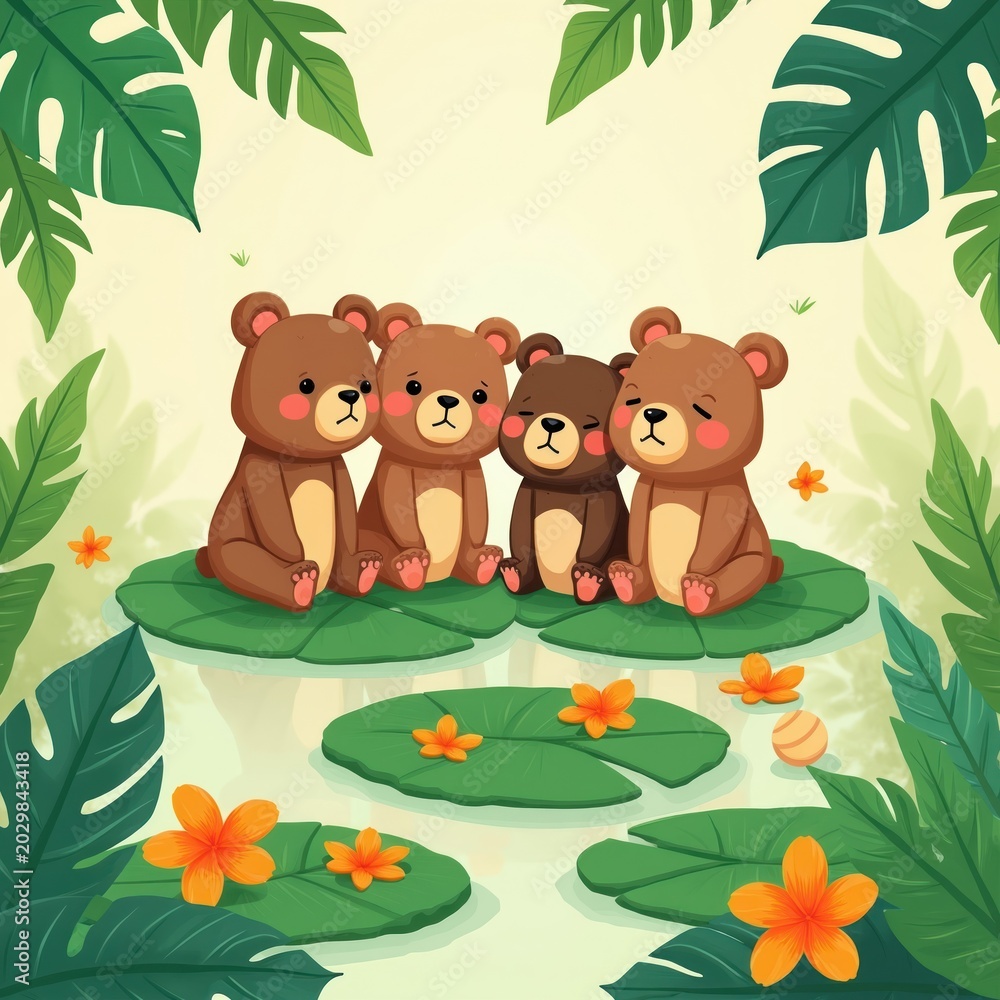 Fototapeta premium Four cute cartoon bears sit on lily pads in a pond surrounded by rich green leaves and orange flowers. A gentle nature scene for children or storybooks. Peaceful woodland animals.