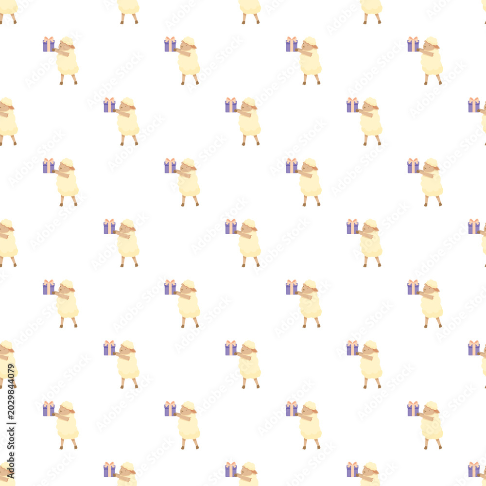 Fototapeta premium Repeating sheep characters holding presents on a white background
