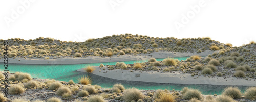 Obraz na plátně Desert terrain with turquoise lake and sandy dunes isolated on transparent background for environment design asset