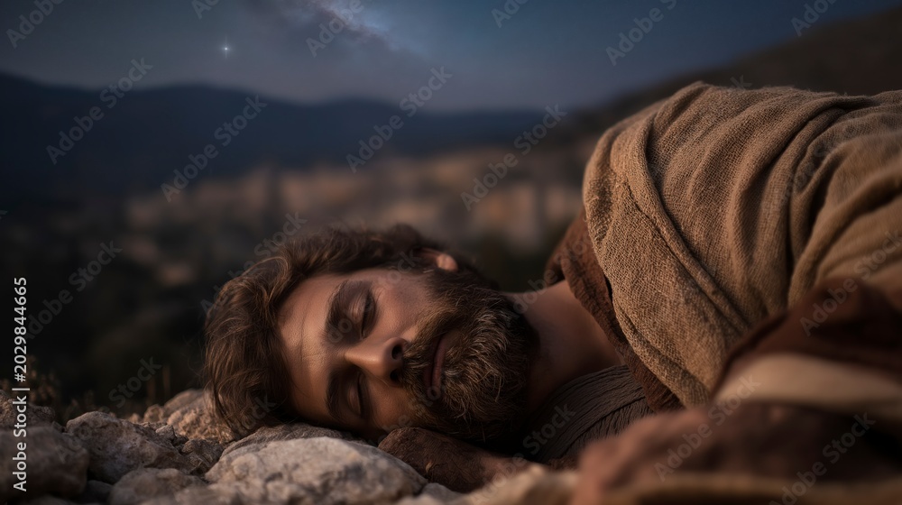 Obraz premium Solomon sleeps beside the altar under the night sky, showing how a humble heart seeking God can receive wisdom greater than wealth or power 