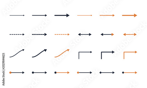 Billede på lærred Arrow connector kit vector set straight curved dashed double-headed labeled arro