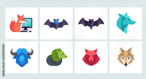 Canvas Print Set of stylized animal icons: fox, bats, wolf, buffalo, bear, fox