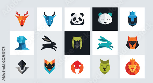 Foto Set of stylized animal icons, geometric, modern, flat design, creative logos