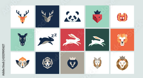 Photography Vector Animal Icons Set: Deer, Panda, Lion, Rabbit, Fox, Monkey - Flat Design