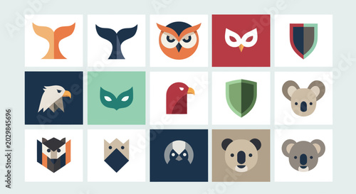 Photography Vector Animal Icons Set: Owls, Eagles, Whales, Koalas, Shields - Flat Design