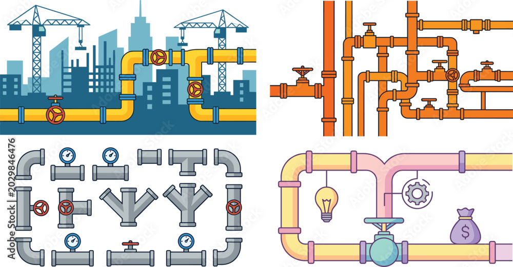 Obraz premium Industrial Pipeline Systems and Utility Infrastructure Illustration Featuring Valves, Pipes, Construction, and Engineering Networks
