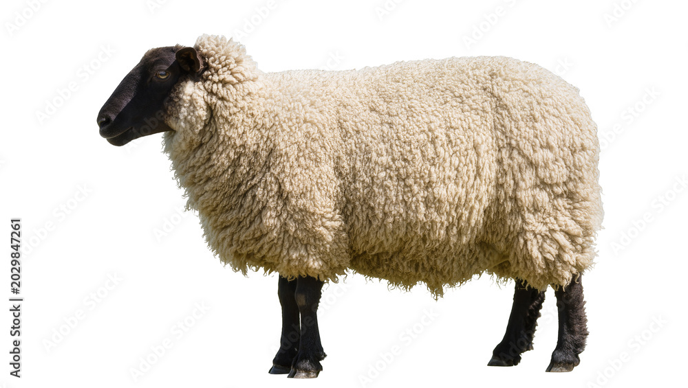Fototapeta premium Fluffy sheep with black face and legs, isolated on transparent background