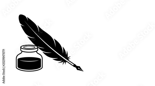 Fotografía Black inkwell with a vintage feather quill pen illustration.