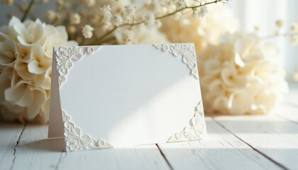 Blank white card with ornate embossed corner details. Soft light illuminates decorative floral elements. Use for invitations, announcements, or greeting cards.