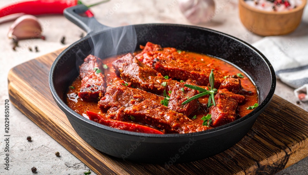 Fototapeta premium Würzige Chorizo-Pfanne mit Steakstreifen