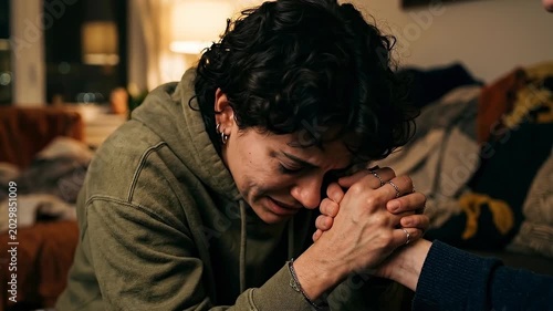 A person experiencing deep sadness clutches their hands, receiving comfort from another person.