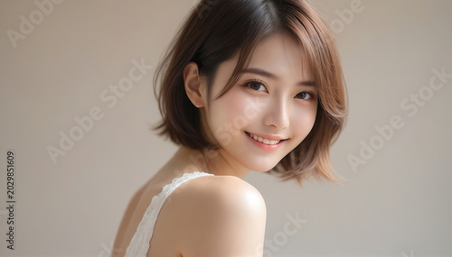 A portrait of a beautiful young woman looking back. Beautiful natural face, beauty image. 
振り返る美しい若い女性のポートレート。美しい素顔、美容イメージ。