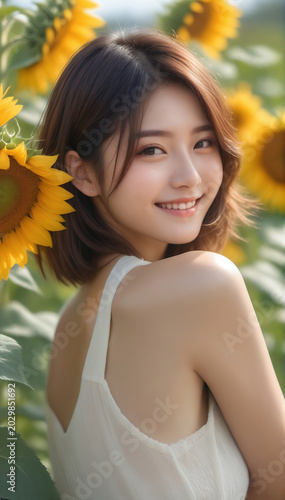 Portrait of a cute girl smiling with sunflowers. Beautiful natural face, beauty image.  ひまわりと笑顔のかわいい女の子のポートレート。美しい素顔、美容イメージ。