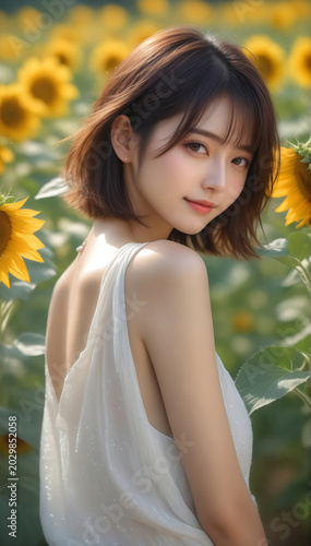 Portrait of a cute girl smiling with sunflowers. Beautiful natural face, beauty image.  ひまわりと笑顔のかわいい女の子のポートレート。美しい素顔、美容イメージ。