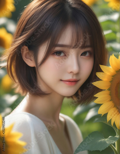 Portrait of a cute girl smiling with sunflowers. Beautiful natural face, beauty image.  ひまわりと笑顔のかわいい女の子のポートレート。美しい素顔、美容イメージ。