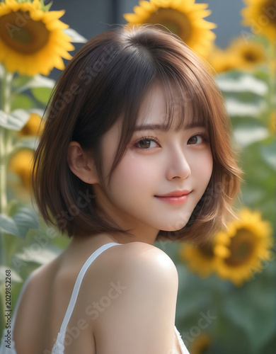 Portrait of a cute girl smiling with sunflowers. Beautiful natural face, beauty image.  ひまわりと笑顔のかわいい女の子のポートレート。美しい素顔、美容イメージ。