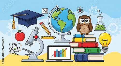 Education and learning icon set including graduation globe, microscope, owl, teacher, student, certificate, diploma, laptop, online learning, study, knowledge, and academic symbols.