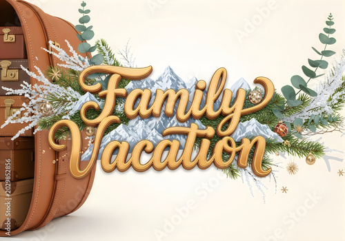 Family vacation text with vintage suitcases snowy branches eucalyptus
