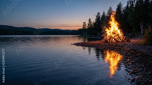 Bonfire Gathering Dusk Lake Shore Outdoor Recreation
