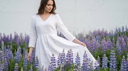 Woman Walking Lupine Field Spring Lavender Flowers 