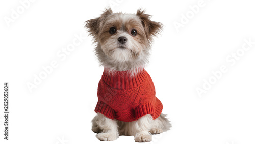 Bild auf Leinwand Small shih tzu dog wearing a red knitted sweater, isolated on transparent backgr
