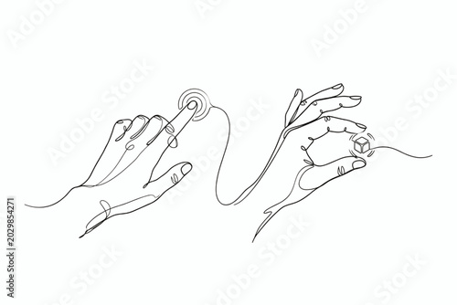 Continuous line art of hands performing air tap and pinch gestures for virtual reality and spatial computing interface control