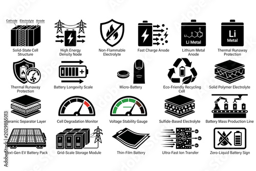 Solid state battery tech icons set featuring solid state cell structure high energy density node non flammable electrolyte lithium metal anode thermal runaway protection on white background