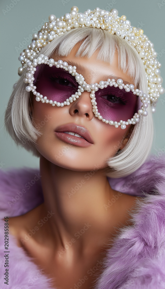 Fototapeta premium Blonde woman wears pearl-embellished sunglasses and a pearl headband on a pale green background. Luxury fashion and beauty concept for eyewear ads, cosmetics branding and editorial use.