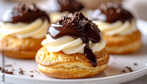 French choux pastry with chocolate ganache topping, cream puff filled with vanilla cream, tasty sweet treat, blurred backdrop, appetizing, close-up.