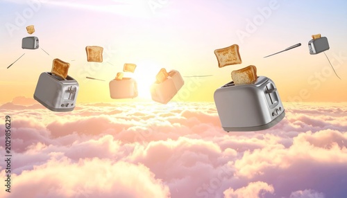 Toasters Floating and Toasting Bread Above Clouds at Sunrise