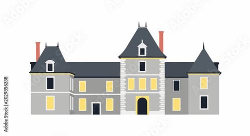 Stylized illustration of a gray, multi-story building with dark gray roofs, yellow windows, and red chimneys