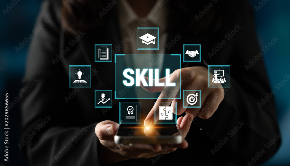 Fototapeta premium Digital Innovation and Professional Development Concept with Icons Representing Skill Enhancement and Learning on a Mobile Device Screen Fluxor.