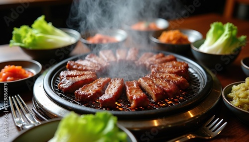 Korean BBQ pork belly sizzles on grill. Steam rises from meat cooking over coals. Lettuce, kimchi, and dipping sauces served alongside. A delicious meal for friends and family.