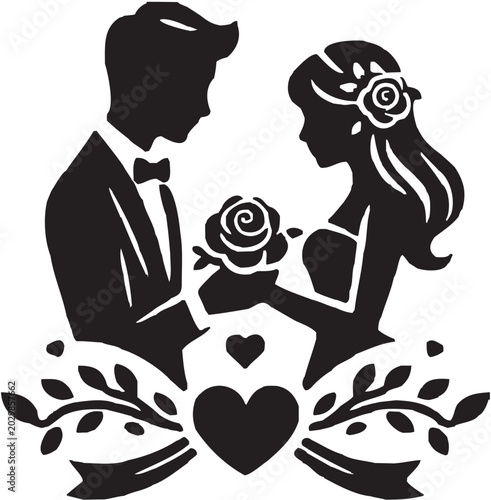 Bild auf Leinwand Romantic Wedding Couple Silhouette with Floral Heart Design